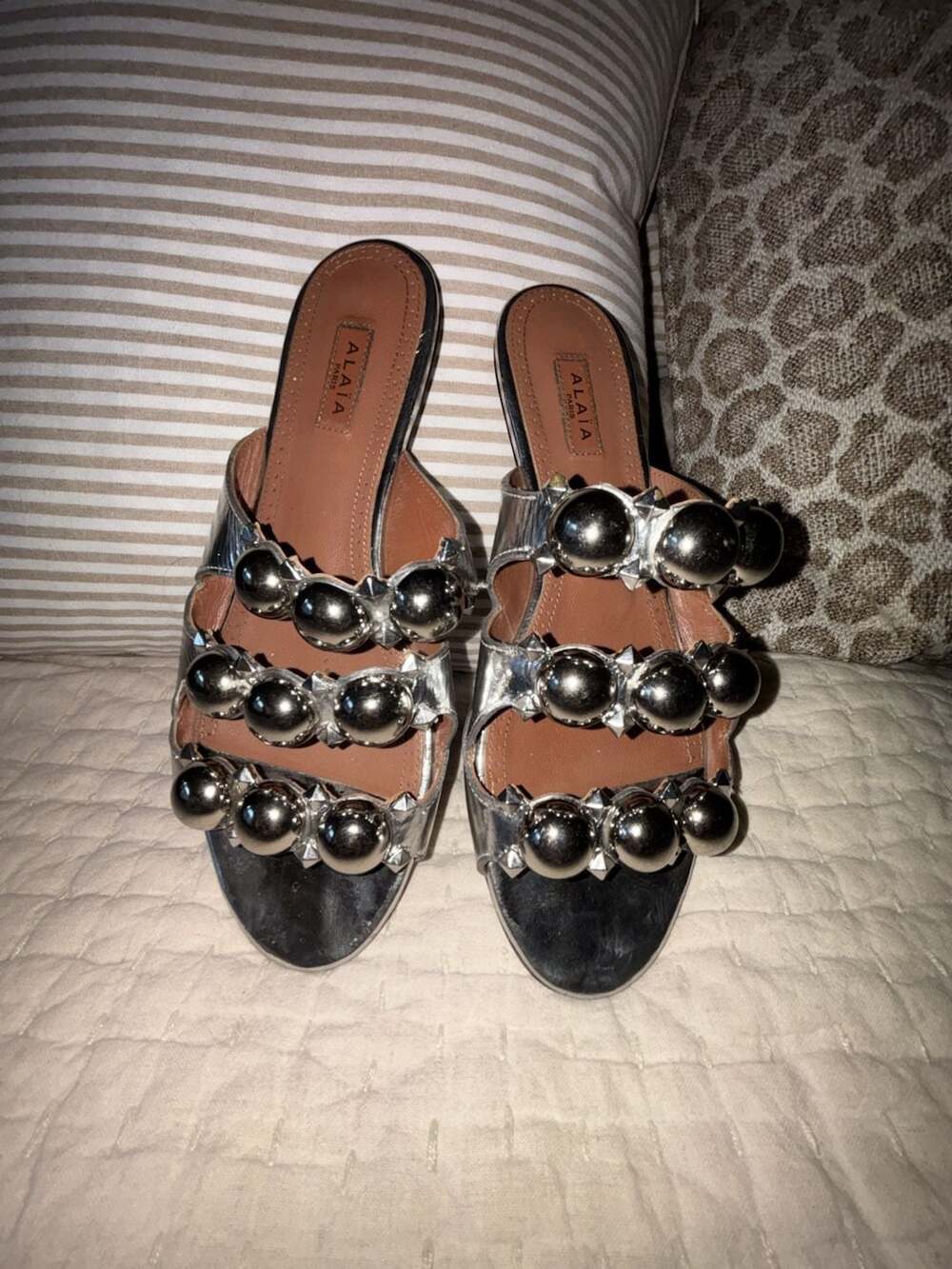 Alaïa Metallic Silver Leather Dome-Studded Flat Sandals